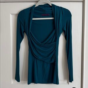 Anthropologie | Velvet | Draped Surplice Hooded Top | Teal Ruched Long Sleeve |P